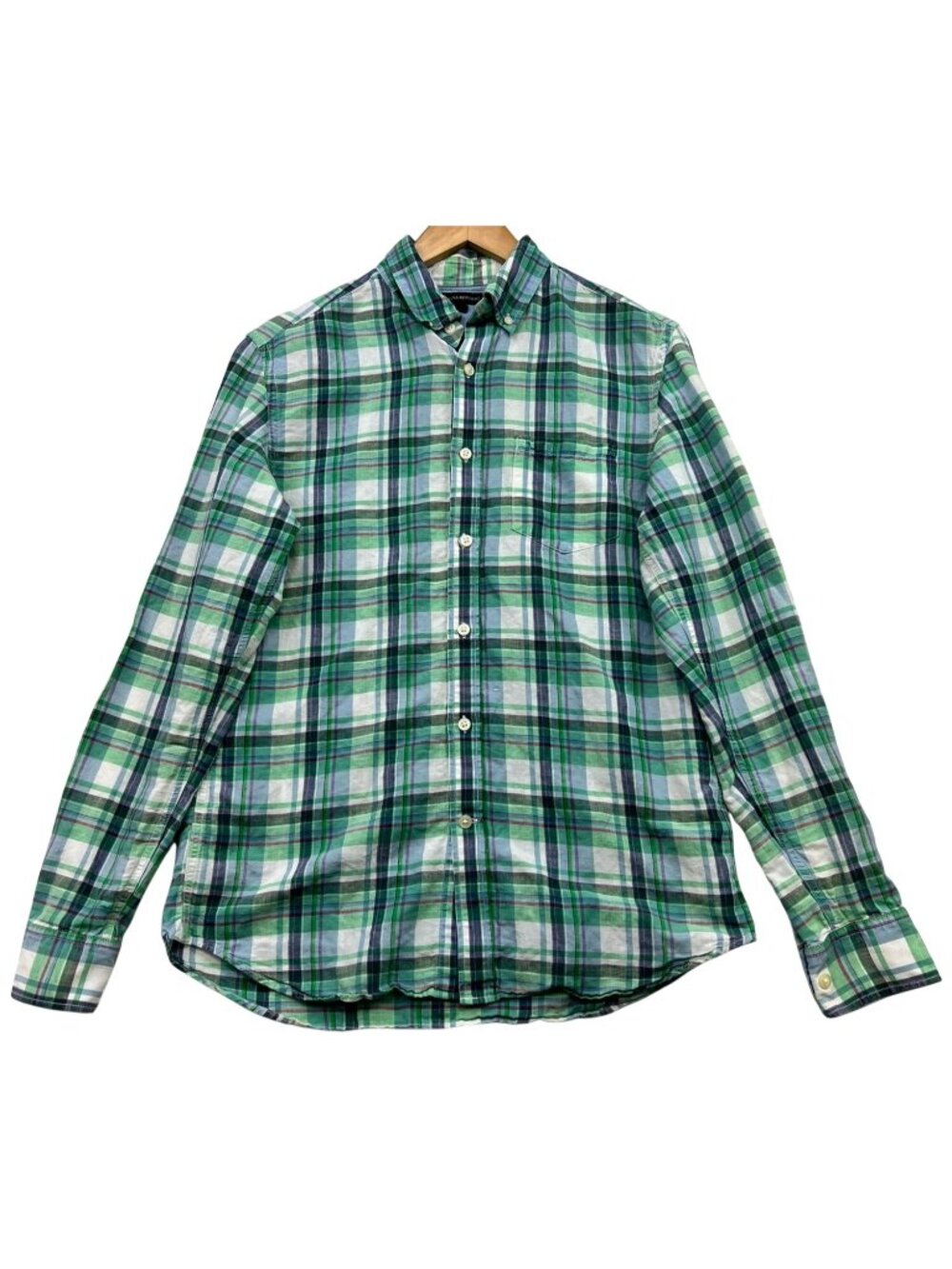 Banana Republic Mens Linen Button Down Shirt Long Sleeve Sz S Green Madras Check